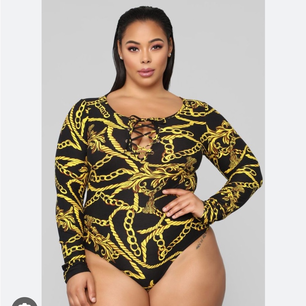 Fashion Nova Black and Gold Chains Lace Up Front Long Sleeve Bodysuit